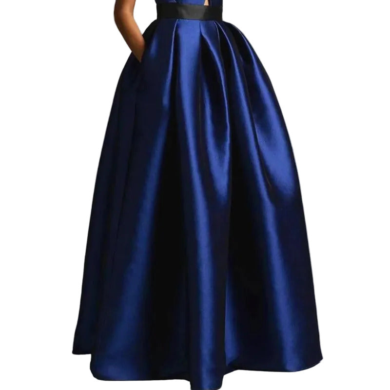 Navy blue satin gown with a black belt on a white background