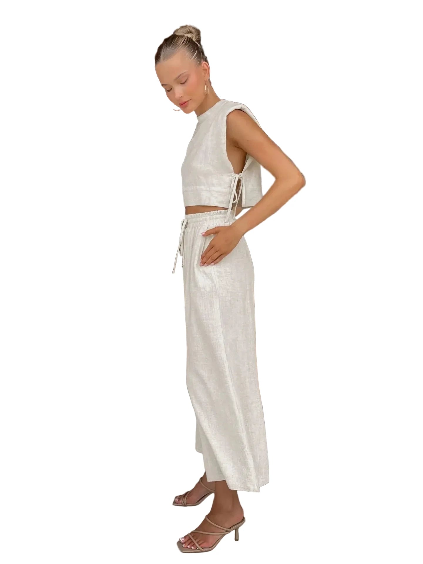 Linen Sleeveless Crop Top and Pants Set