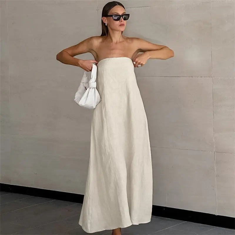 Solid Color Strapless High Waist Maxi Dress