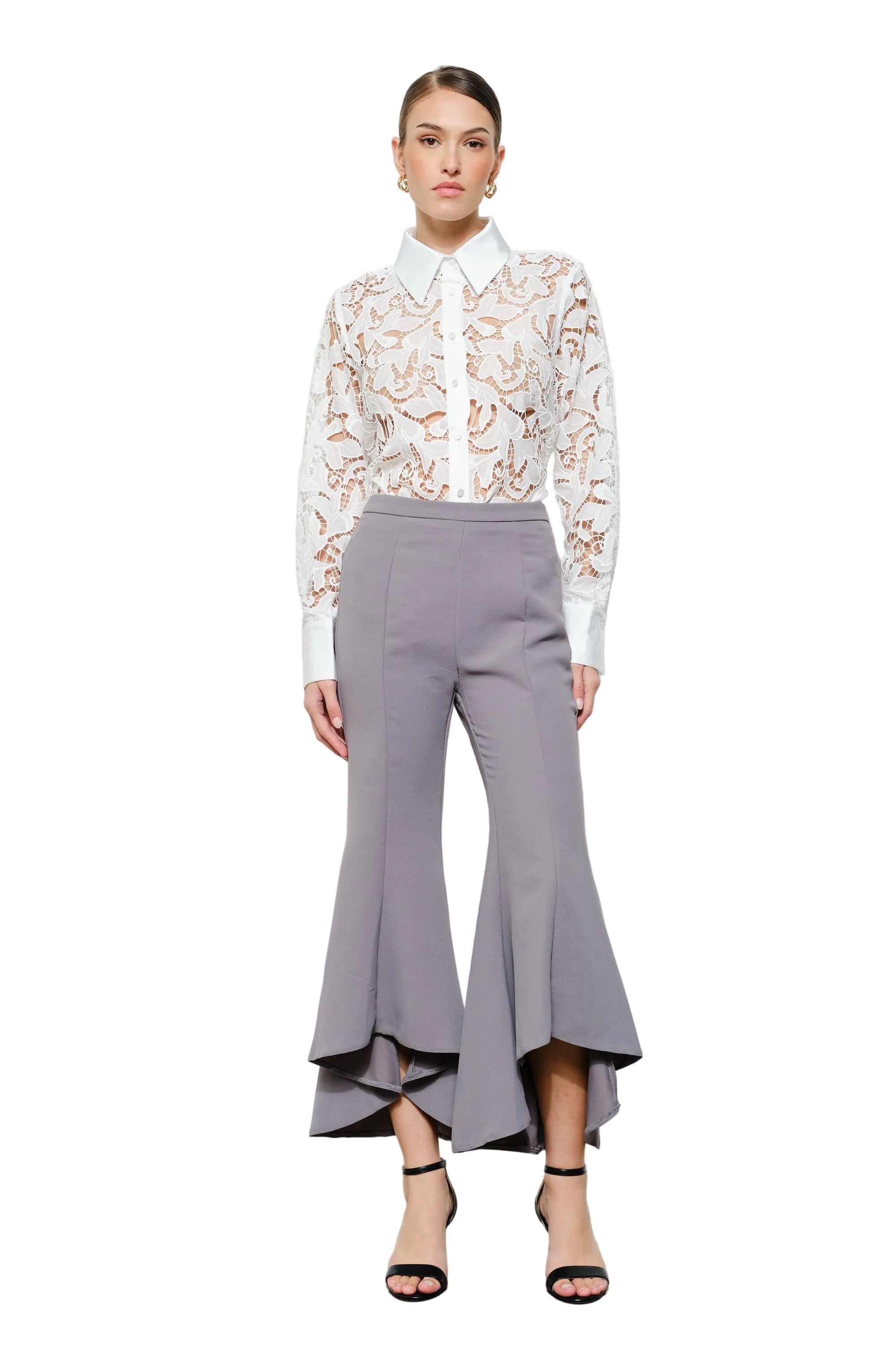 Luxe Satin Contrast Collar Lace Button Down Blouse