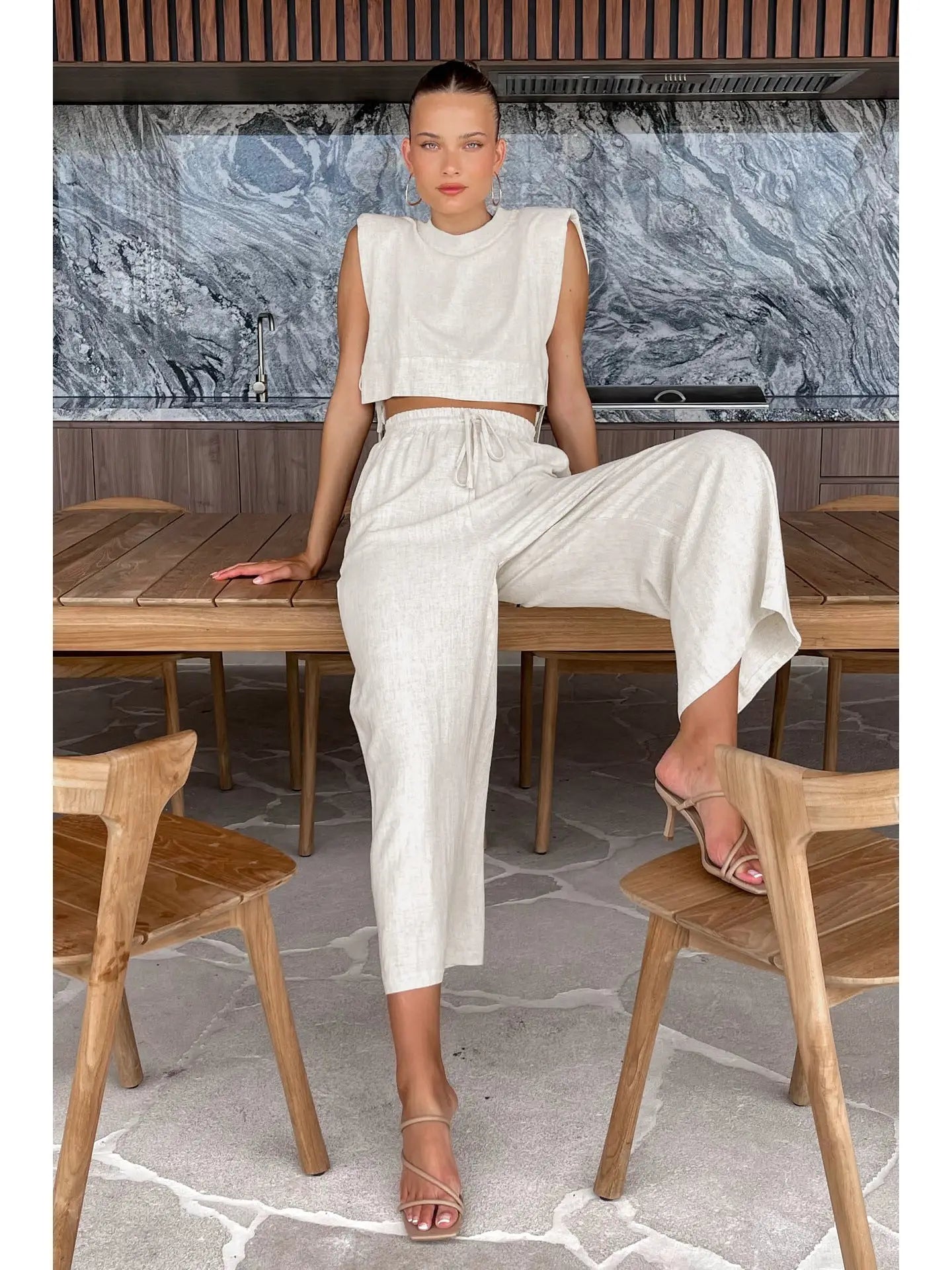 Linen Sleeveless Crop Top and Pants Set