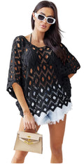 Woman wearing a black crochet cover-up with white sunglasses and a beige handbag.