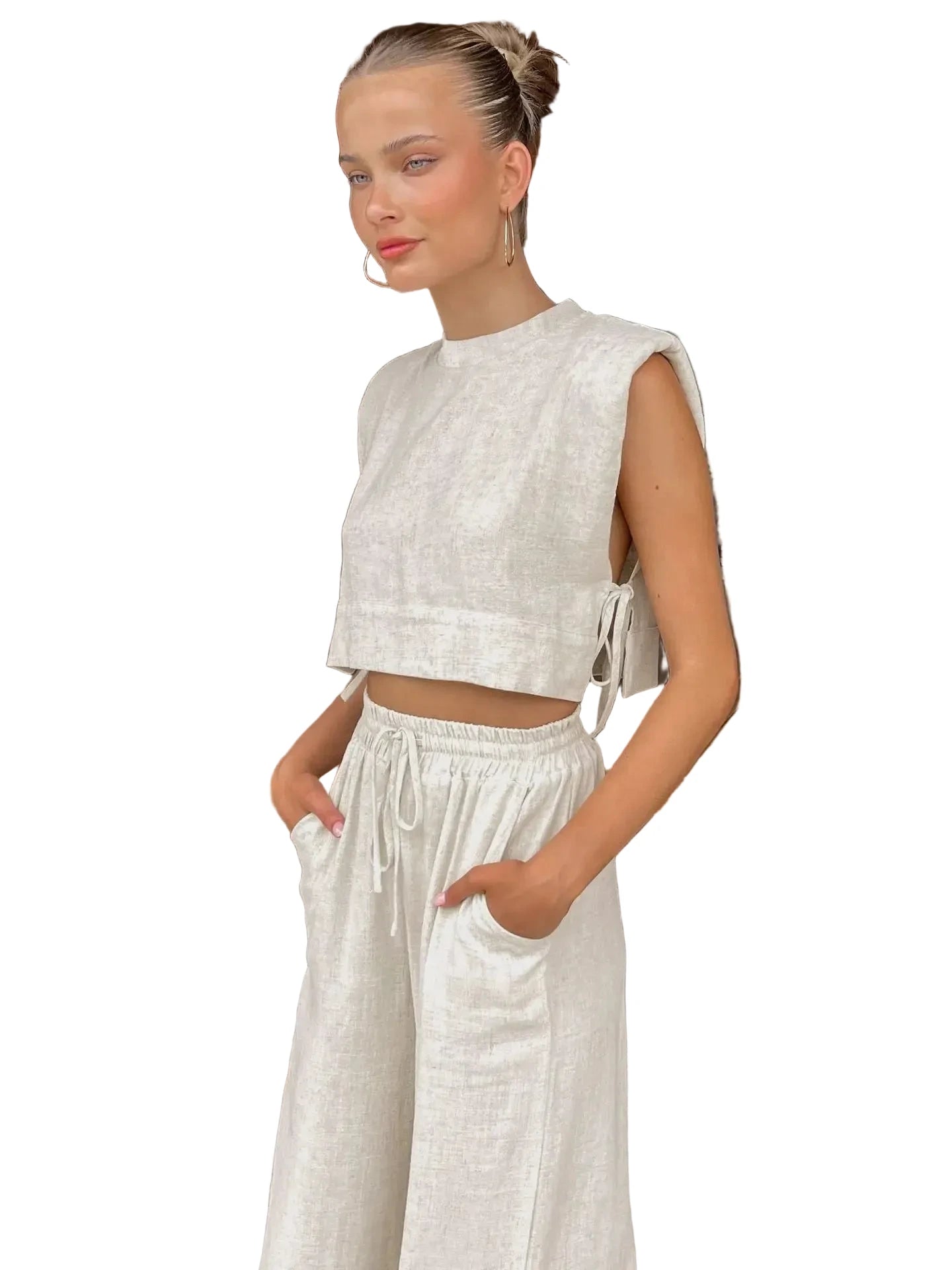 Linen Sleeveless Crop Top and Pants Set