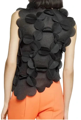 Black layered garment worn by a person with a plain background
