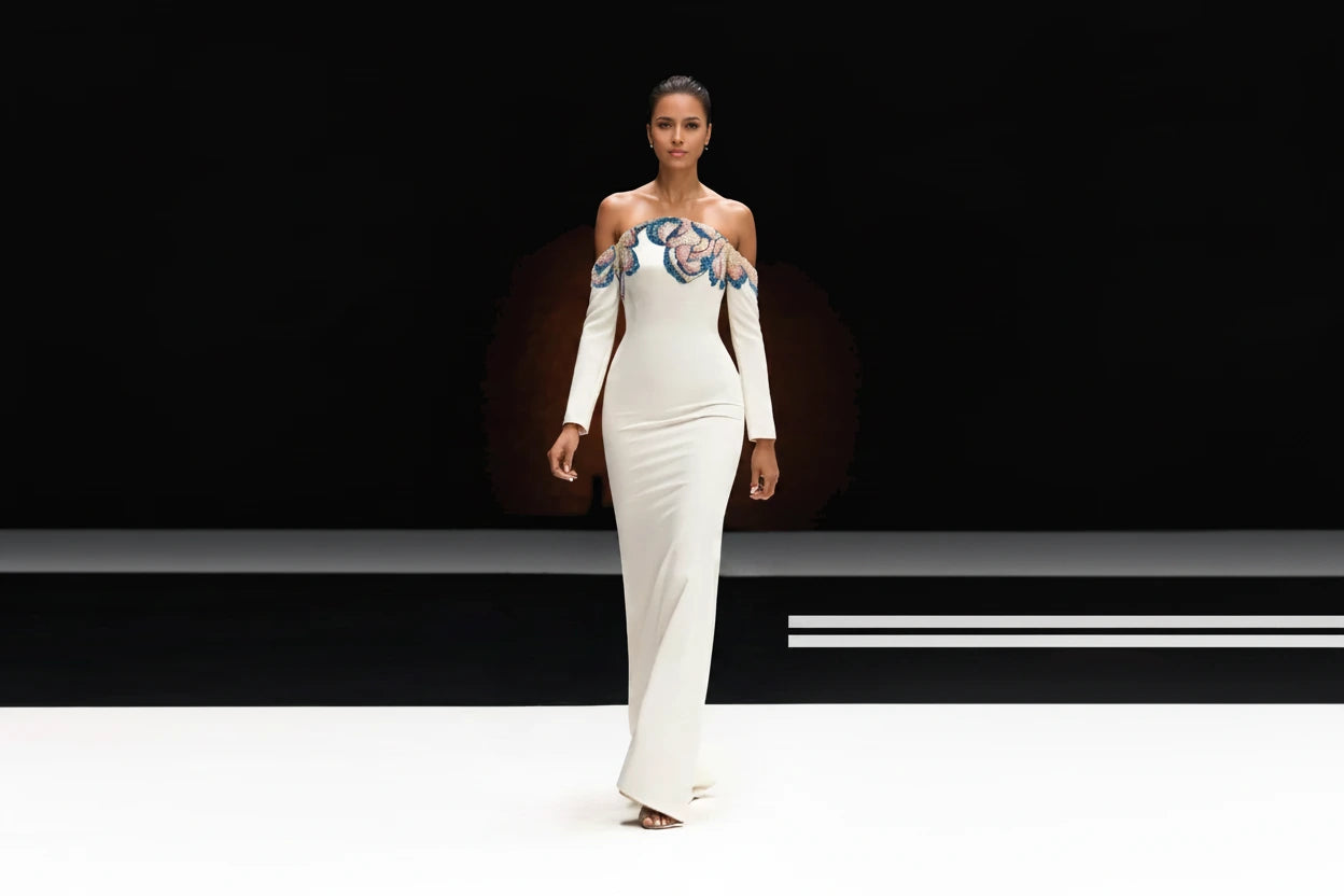 Model wearing a white off-shoulder dress with floral embroidery on a black background