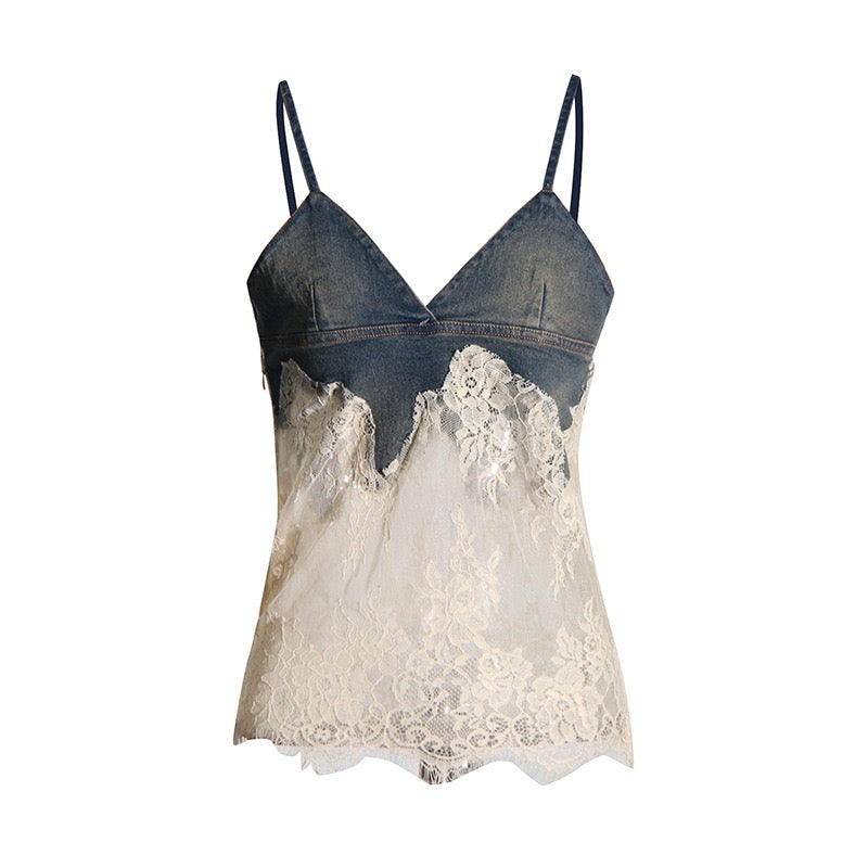 Denim and lace top on a white background