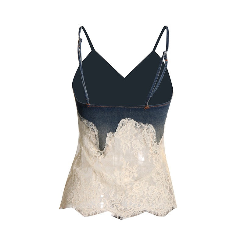 Navy blue lace camisole on a white background