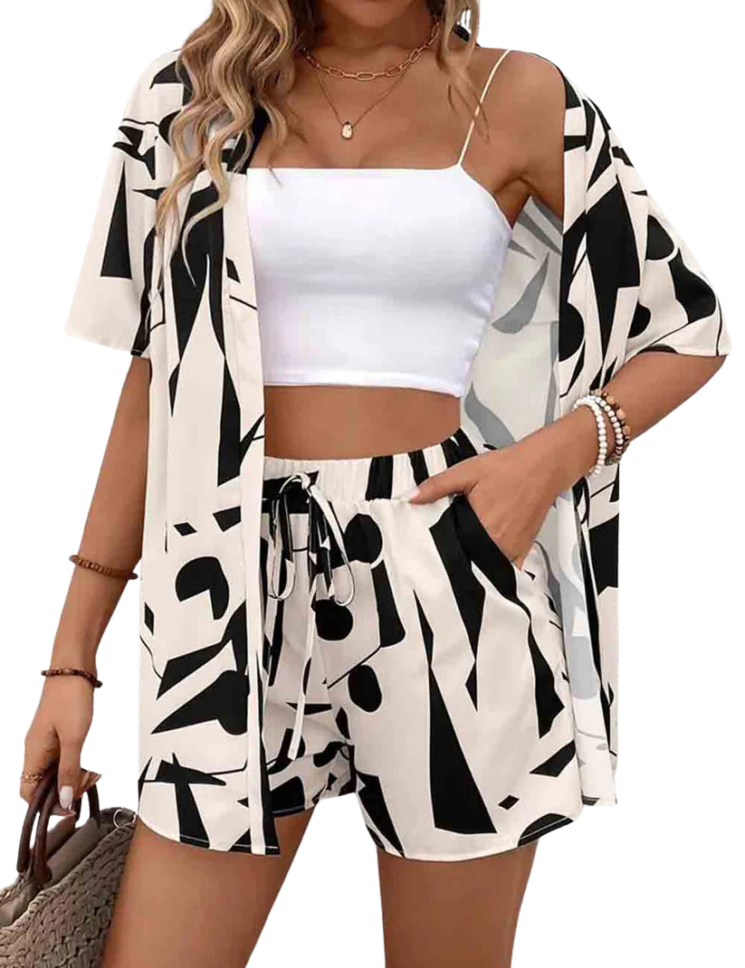 Color Block Short Sleeves Kimono Top & Shorts Set