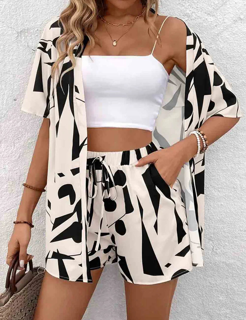Color Block Short Sleeves Kimono Top & Shorts Set