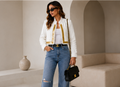 White Tweed Jacket with Gold Beaded Stand Collar