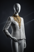 White Tweed Jacket with Gold Beaded Stand Collar