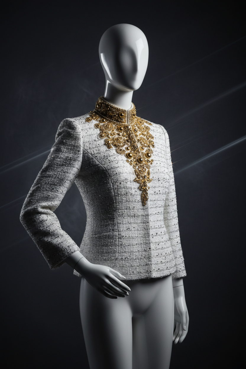 White Tweed Jacket with Gold Beaded Stand Collar
